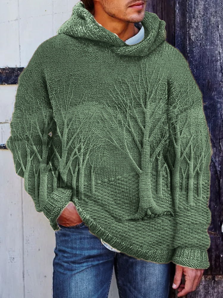 Men's Winter Forest Landscape Crochet Cozy Hooded Sweater elevenforest