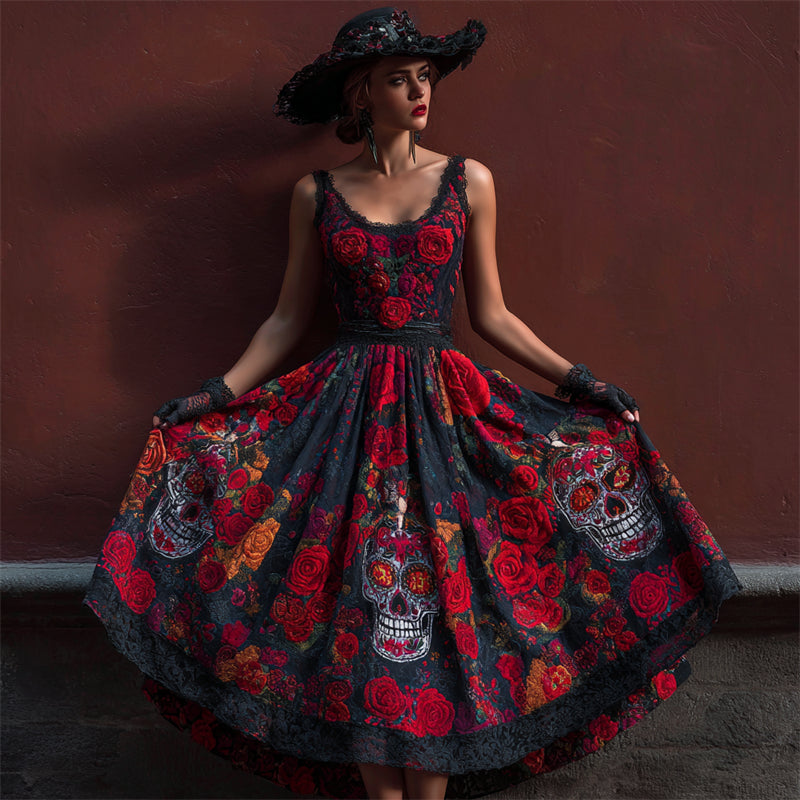 Classy Day Of The Dead Sugar Skulls Floral Linen Maxi Dress elevenforest