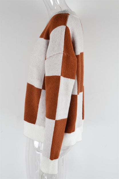 Autumn Winter ’s Plaid Stitching Knitwear Cardigan Sweater Coat
