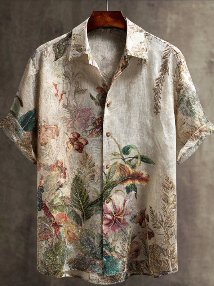 Bohemian Style Plant And Flower Pattern Men's Retro Cotton And Linen Short-sleeve Shirt elevenforest
