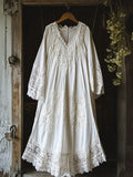 Vintage Floral Embroidered Lace Hem Linen Cozy Maxi Dress elevenforest