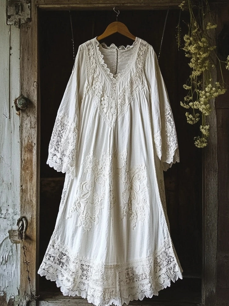 Vintage Floral Embroidered Lace Hem Linen Cozy Maxi Dress elevenforest
