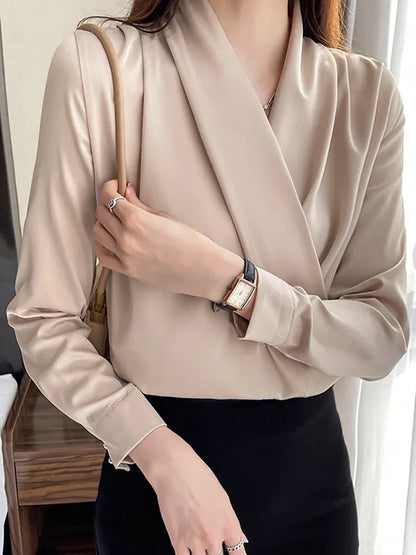 Long Sleeves Loose Buttoned Color V-neck Blouses&shirts Tops