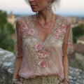 Classy Pink Roses Glitter Embroidered Lace Trim Flowy Tunic elevenforest
