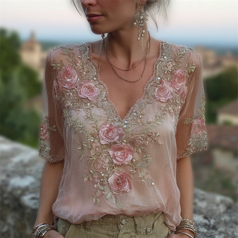 Classy Pink Roses Glitter Embroidered Lace Trim Flowy Tunic elevenforest