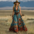 Women's Vintage Western Geometric Print V-neck Sleeveless Maxi Dress elevenforest