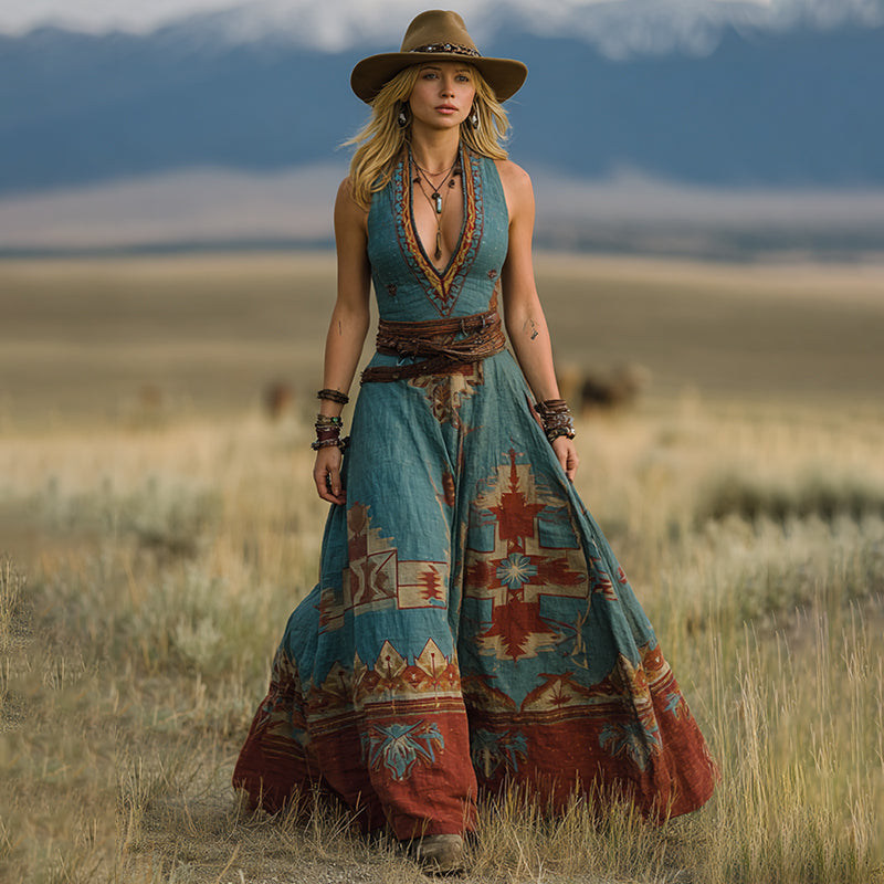 Women's Vintage Western Geometric Print V-neck Sleeveless Maxi Dress elevenforest