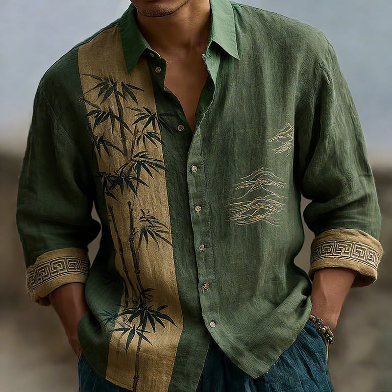 Japanese Bamboo Pattern Embroidered Color Blocked Linen Blend Shirt elevenforest