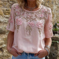 Vintage Pink Flowers Glitter Embroidered Linen Shirt elevenforest