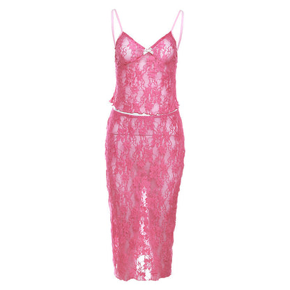 Autumn Winter Clothing Sling Collar Slim-fit Tank Top Hip Lace Skirt Set