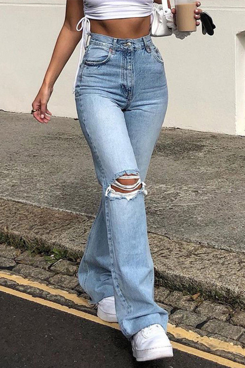 Ripped High Waist Straight Jeans(3 Colors)