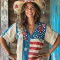 American Flag & Flowers Patchwork Comfy Linen Shirt elevenforest