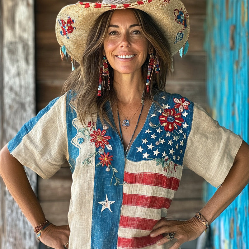 American Flag & Flowers Patchwork Comfy Linen Shirt elevenforest