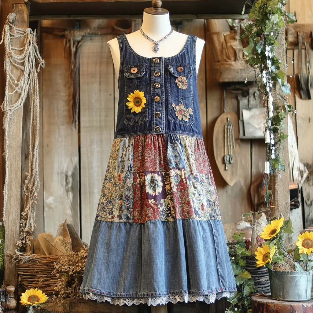 Vintage Denim Sunflower Floral Patchwork Sling Dress elevenforest