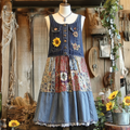 Vintage Denim Sunflower Floral Patchwork Sling Dress elevenforest