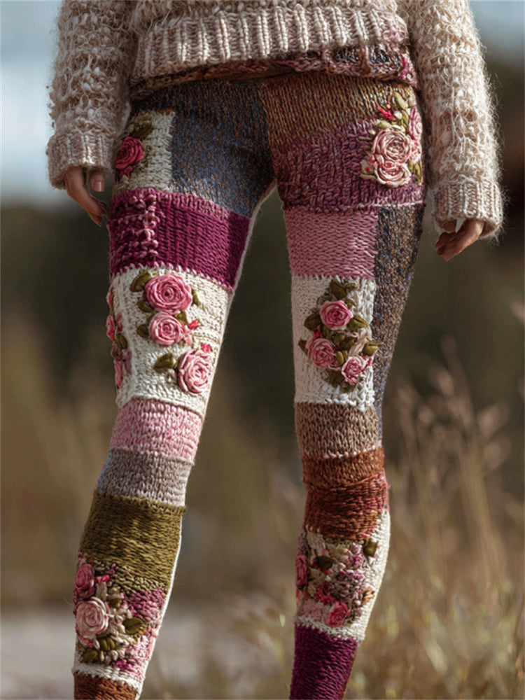 Vintage Pink Roses Colorblock Patchwork Cozy Knit Leggings elevenforest
