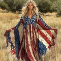Ladies' Independence Day American Flag Art Linen V-neck Long Kaftan Dress elevenforest
