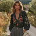 Women's Floral Pattern Linen V-neck T-shirt elevenforest
