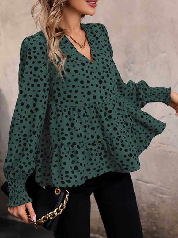 Long Sleeves Loose Elasticity Polka-dot Split-joint V-neck Blouses&shirts Tops