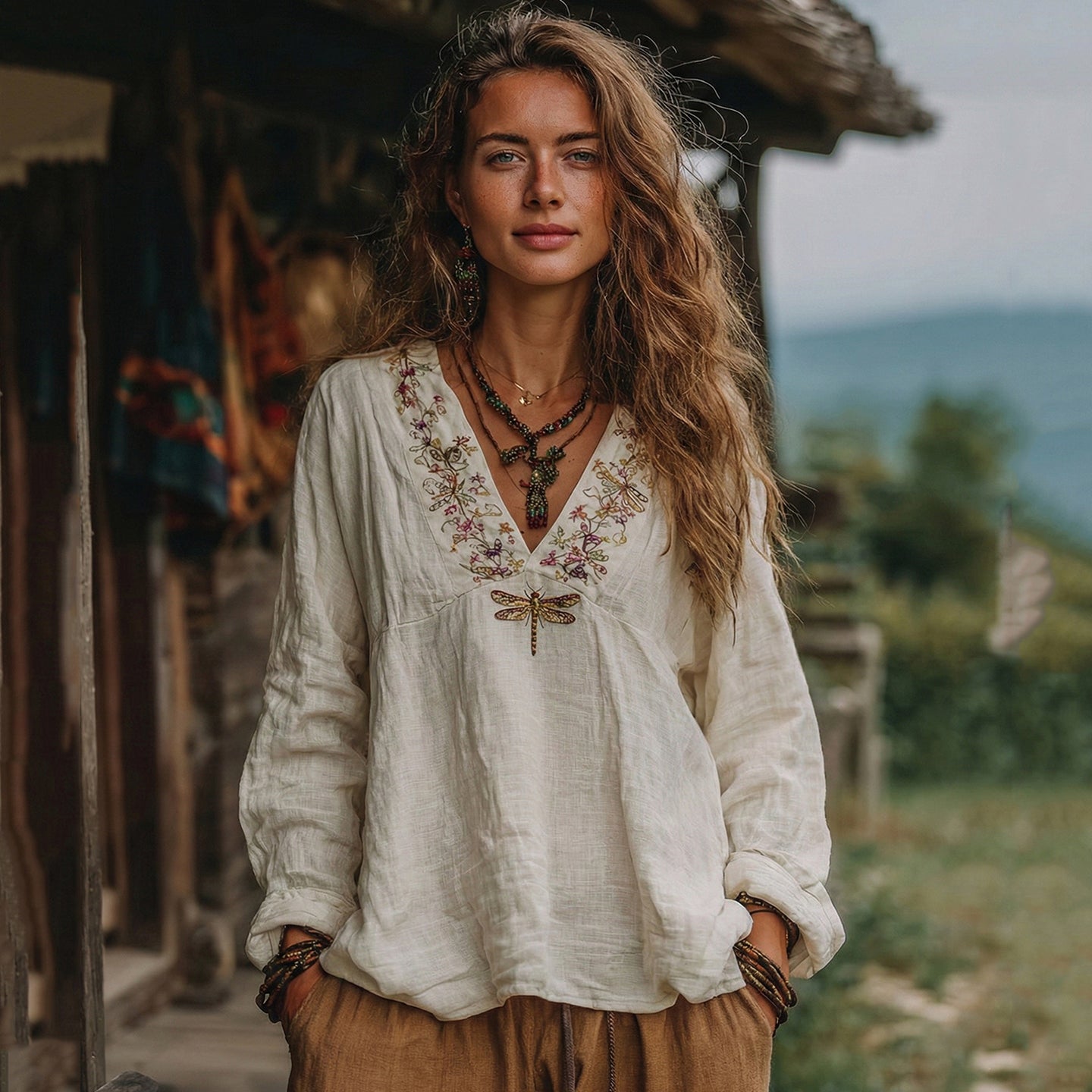 Women's Vacation Boho Floral With Dragonfly Print V-neck Linen Blend Tops elevenforest