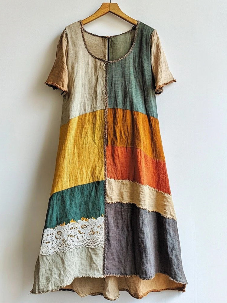 Multicolor Patchwork Linen Blend Long Dress elevenforest