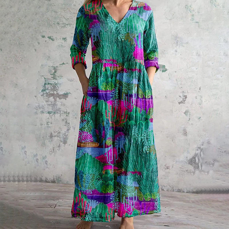 Underwater World Print V-Neck Casual Midi Dress elevenforest