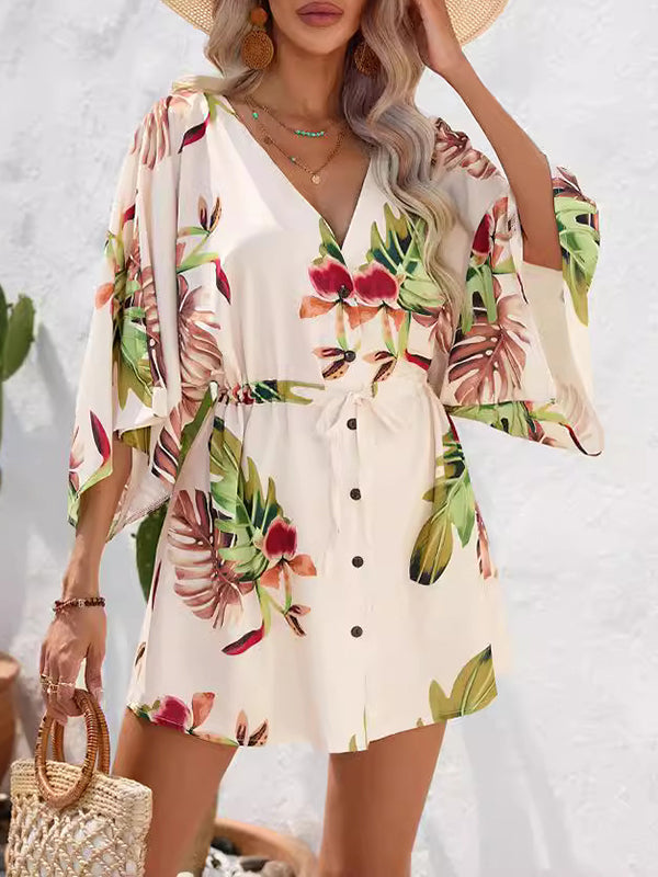 A-line Half Sleeves Buttoned Drawstring Leaves Print V-neck Mini Dresses
