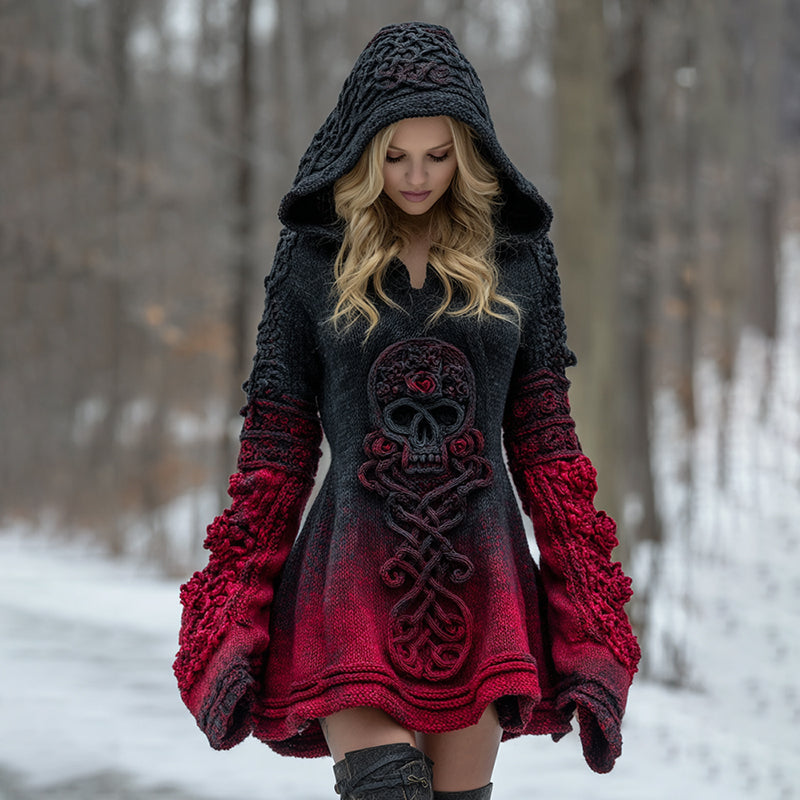 Women's Vintage Viking Tribal Celtic Skull Gradient Art Hooded Sweater Dress elevenforest