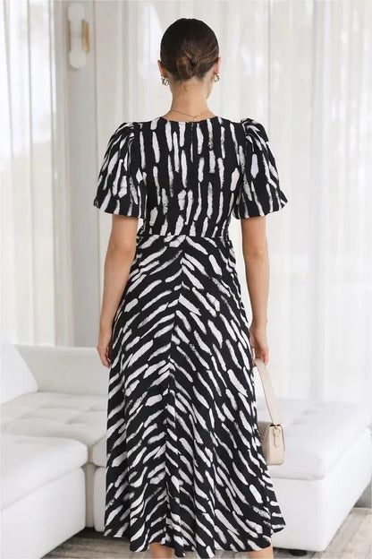 Print Puff Sleeve V-neck Cut-out Slit Midi Dress