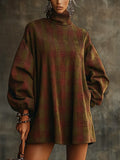 Olive Cozy Checkered Elegance Oversized Turtleneck Dress