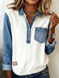 Women'S Casual Contrast Color Denim Patchwork Long-Sleeved Top 