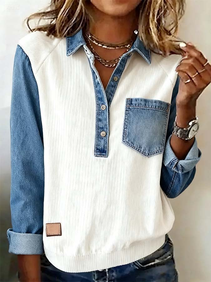 Women'S Casual Contrast Color Denim Patchwork Long-Sleeved Top 