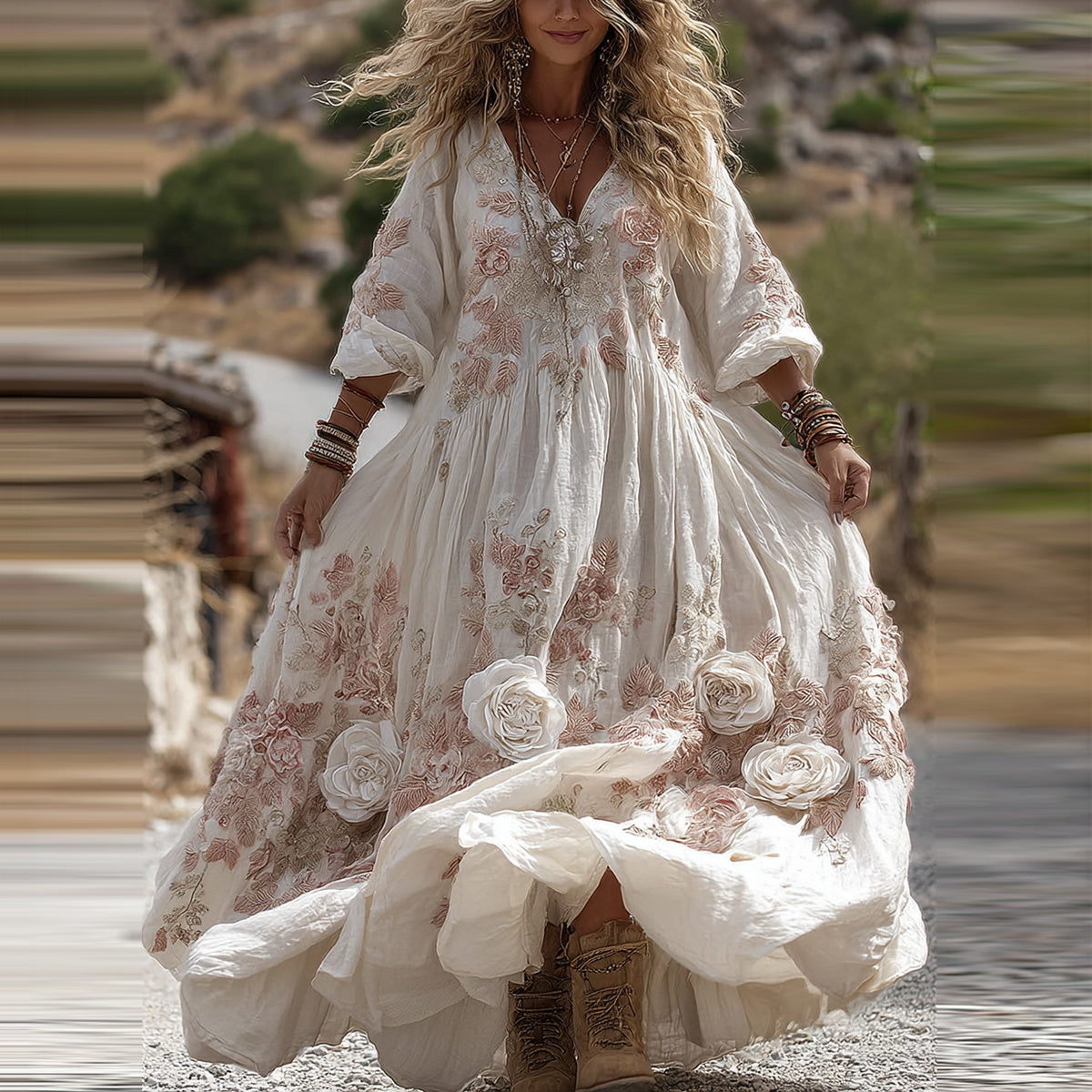 Women's Vintage Romantic White Rose Embroidery Art Comfy Linen V Neck Maxi Dress elevenforest