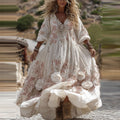Women's Vintage Romantic White Rose Embroidery Art Comfy Linen V Neck Maxi Dress elevenforest