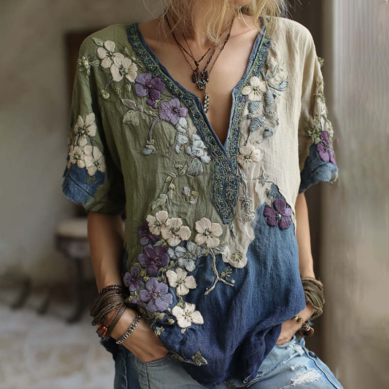 Classy Gradient Japanese Sakura Cherry Blossoms And Sea Wave Embroidered Pattern Linen Short Sleeve Shirt elevenforest