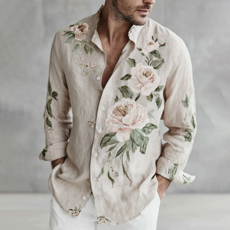 Men's Vintage Floral Art Comfy Linen Shirt elevenforest