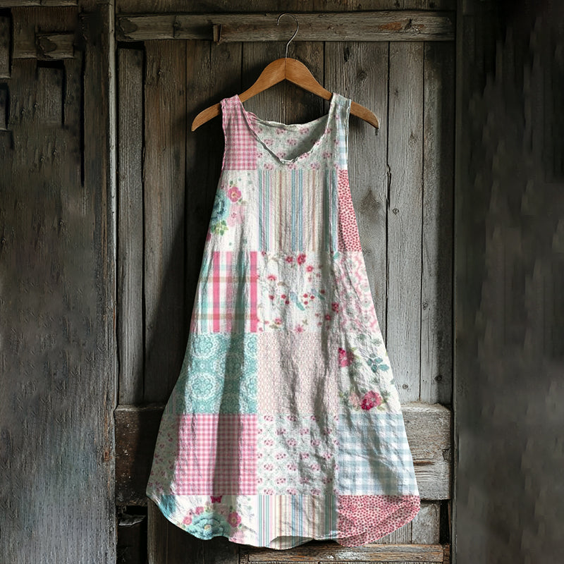 Vintage Floral Geometric Art Linen Blend Tank Dress elevenforest