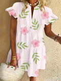 Flower Ruffled Short-sleeved V-neck Buttoned Dress Vacation Beach Dress