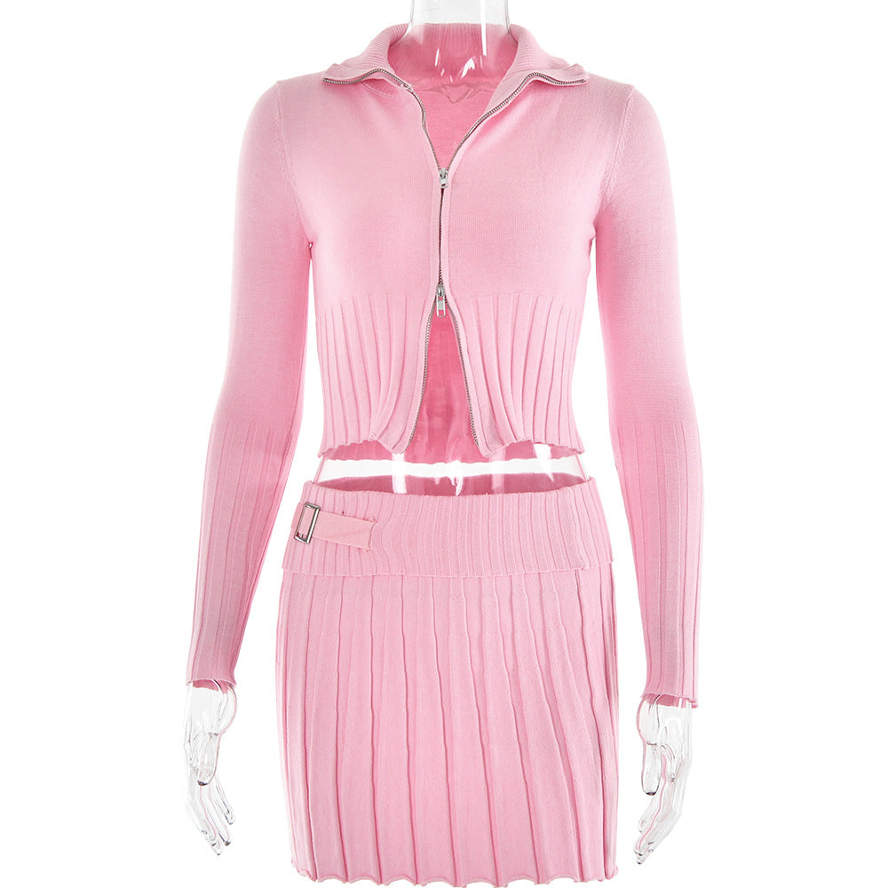 Autumn Winter Knitted Cardigan Long Sleeve Two Piece Set Pleated Skirt Set