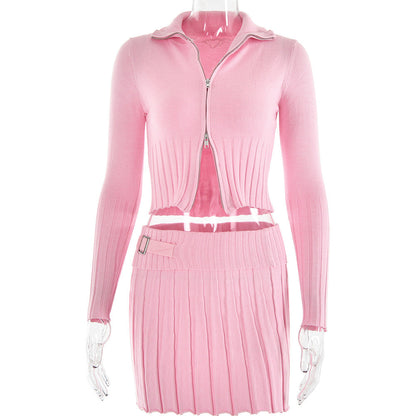 Autumn Winter Knitted Cardigan Long Sleeve Two Piece Set Pleated Skirt Set