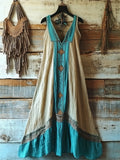 Vintage Ethnic Embroidered Turquoise Contrast Linen Tank Dress elevenforest