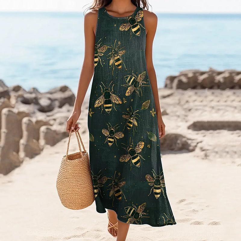 Women's Vintage Bee Print Linen Blend Midi Dress elevenforest