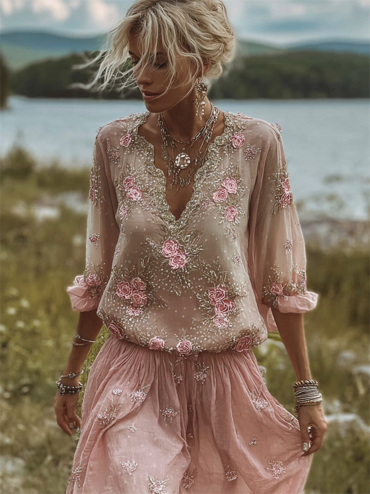 Boho Pink Roses Embroidered Lace Trim Flowy Linen Tunic elevenforest