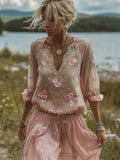 Boho Pink Roses Embroidered Lace Trim Flowy Linen Tunic elevenforest