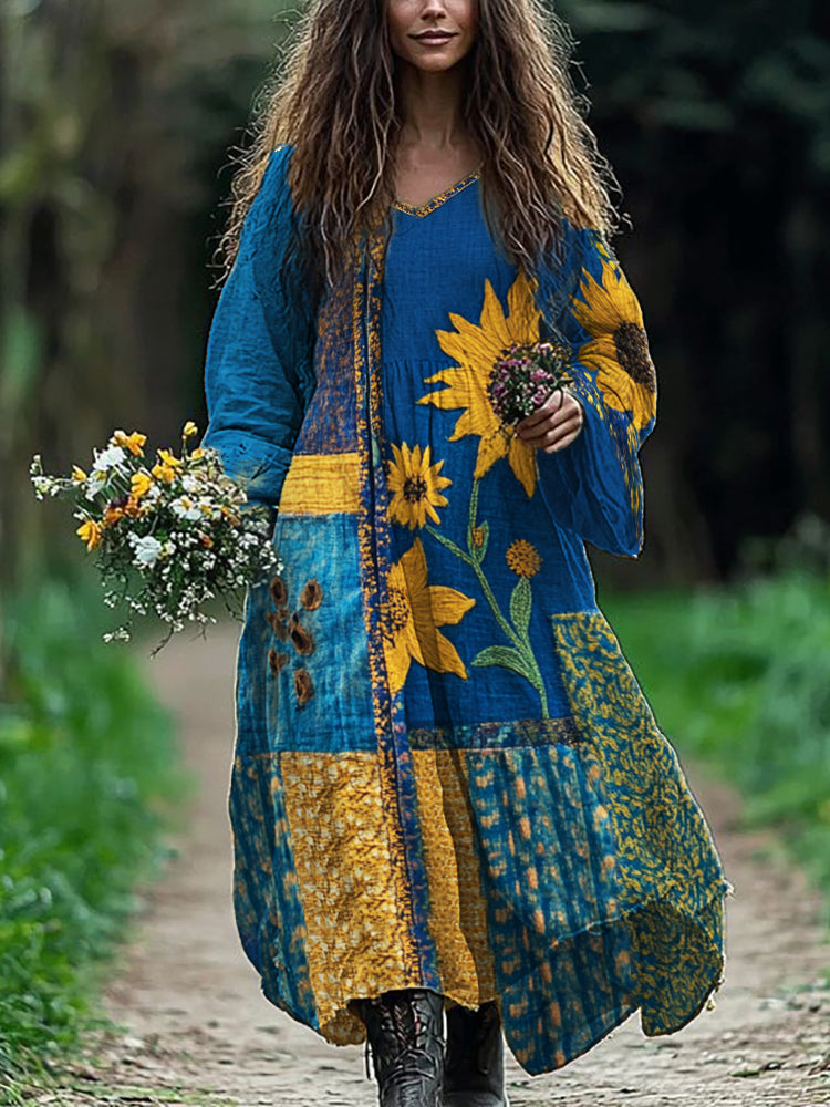 Ethnic Sunflowers Embroidered Patchwork Flowy Linen Dress elevenforest