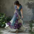 Vintage Gradient Purple Rose And Floral Embroidery Linen Short Sleeve Dress elevenforest
