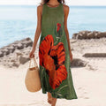 Women's Vintage Floral Print Linen Blend Tank Midi Dress elevenforest