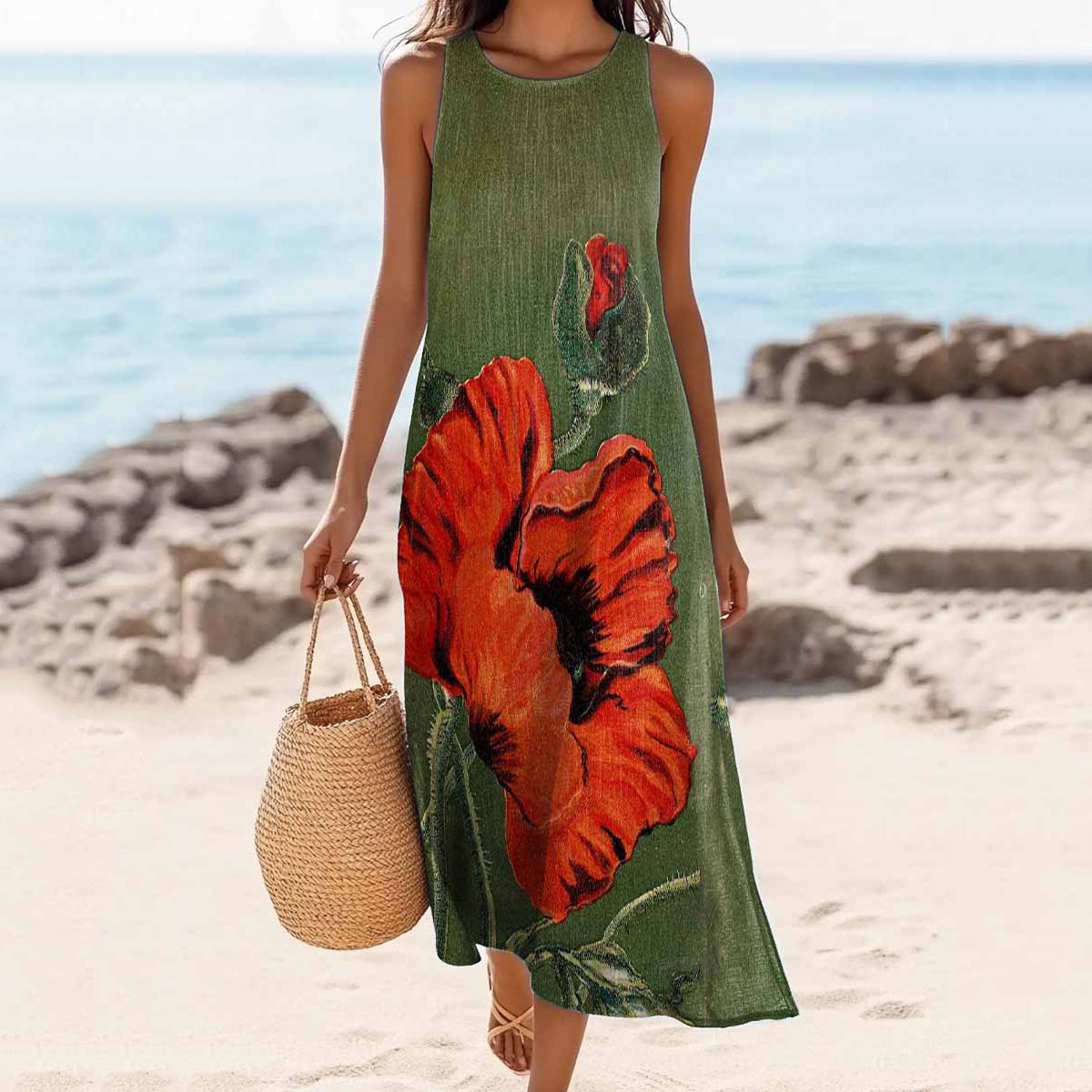 Women's Vintage Floral Print Linen Blend Tank Midi Dress elevenforest