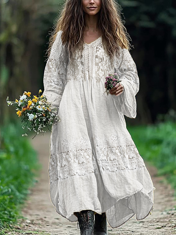 Vintage Floral Hollow Lace Patchwork Flowy Linen Maxi Dress elevenforest