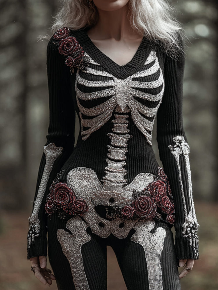 Women's Halloween Skeleton Rose Sexy V-neck Sweater artswardrobe